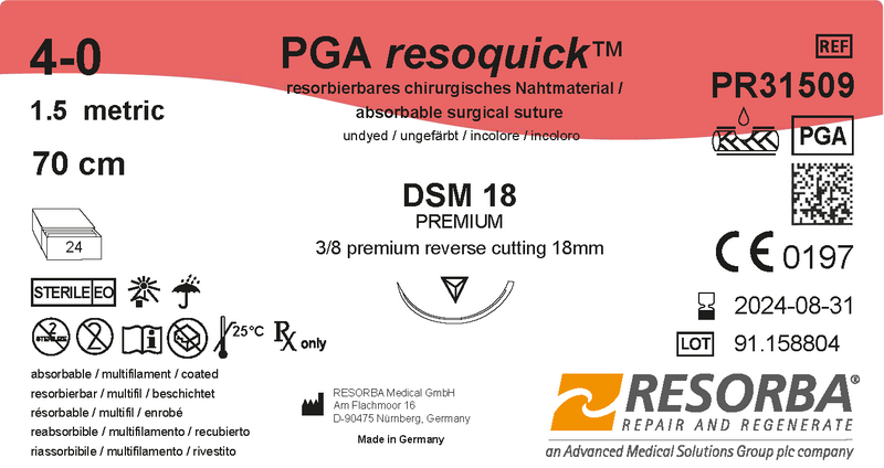 ПГА Резоквік USP4-0 незабарвлений, 70см, звор-ріж. голка преміум 18мм, 3/8 кола